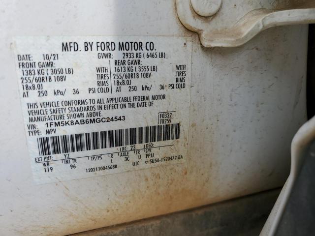 1FM5K8AB6MGC24543 - 2021 FORD EXPLORER POLICE INTERCEPTOR თეთრი ფოტო 14