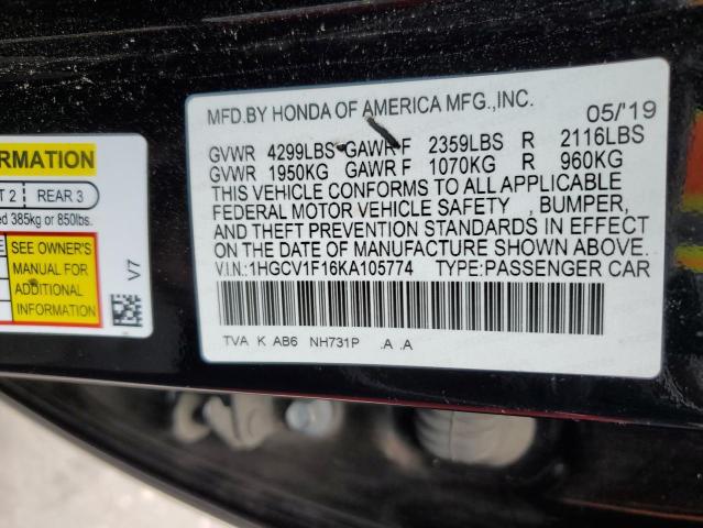 1HGCV1F16KA105774 - 2019 HONDA ACCORD LX BLACK photo 12