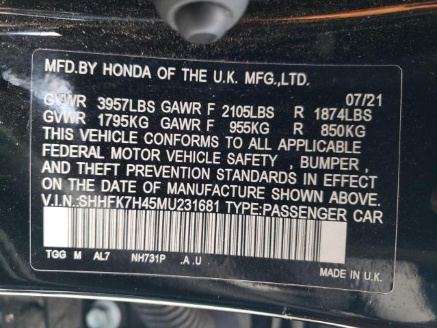 SHHFK7H45MU231681 - 2021 HONDA CIVIC SPORT 黑色 照片 12