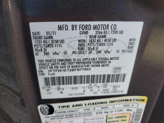 1FTFW1ET2BFB77893 - 2011 FORD F150 SUPERCREW GRAY photo 12