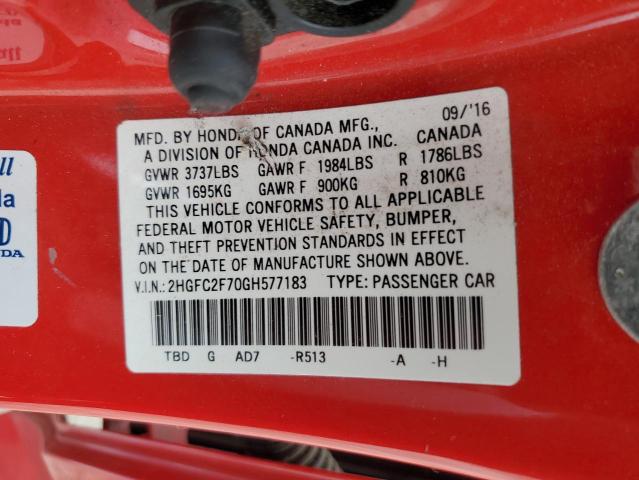 2HGFC2F70GH577183 - 2016 HONDA CIVIC EX RED photo 13