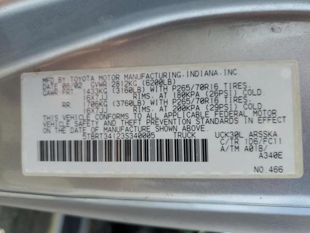 5TBRT34123S340005 - 2003 TOYOTA TUNDRA ACCESS CAB SR5 SILVER photo 12