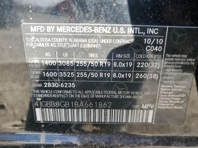 4JGBB8GB1BA661862 - 2011 MERCEDES-BENZ ML 350 4MA BLACK photo 12