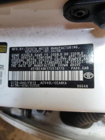 4T1BE46K17U519776 - 2007 TOYOTA CAMRY CE WHITE photo 12