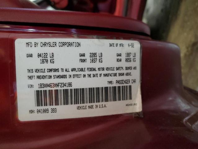 1B3XA463XNF234186 - 1992 DODGE SPIRIT BURGUNDY photo 13