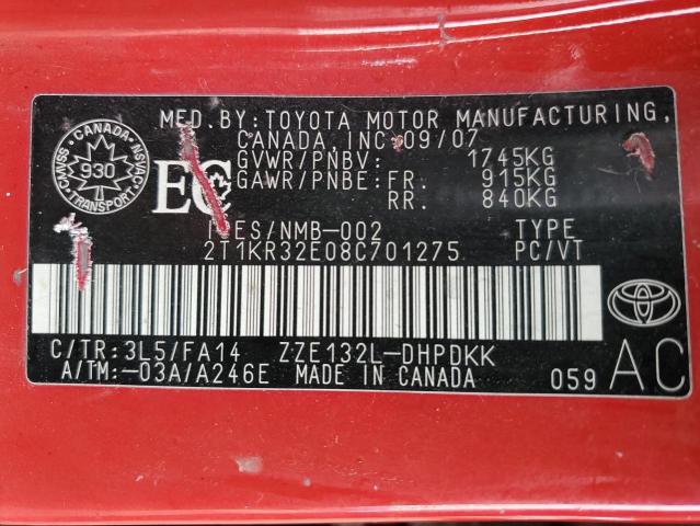 2T1KR32E08C701275 - 2008 TOYOTA COROLLA MA XR RED photo 13