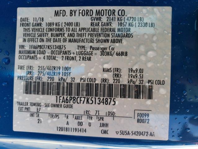 1FA6P8CF7K5134875 - 2019 FORD MUSTANG GT BLUE photo 12