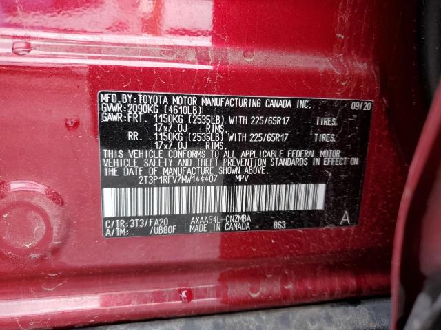 2T3P1RFV7MW144407 - 2021 TOYOTA RAV4 XLE RED photo 12