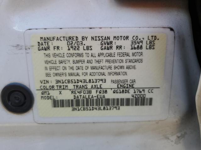 3N1CB51D43L813793 - 2003 NISSAN SENTRA XE WHITE photo 12