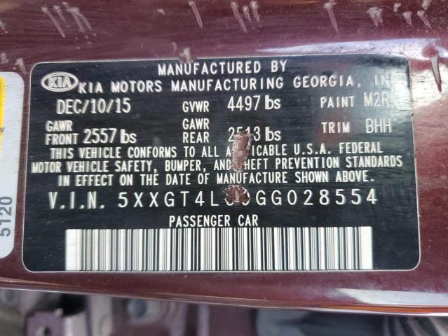 5XXGT4L30GG028554 - 2016 KIA OPTIMA LX MAROON photo 12