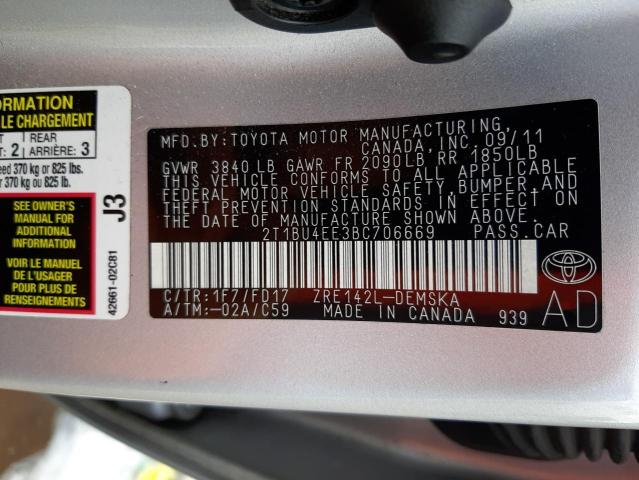 2T1BU4EE3BC706669 - 2011 TOYOTA COROLLA BASE SILVER photo 12