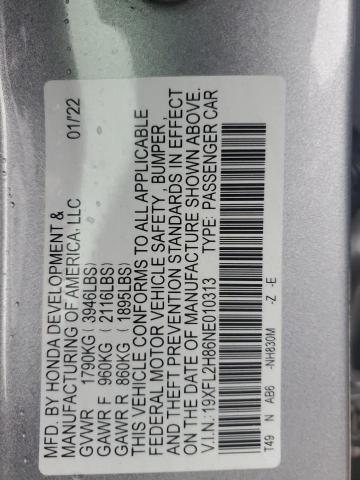 19XFL2H86NE010313 - 2022 HONDA CIVIC SPORT SILVER photo 12