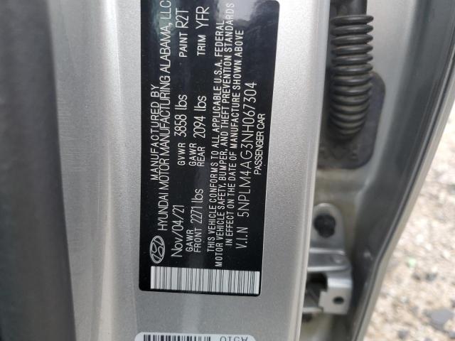 5NPLM4AG3NH067304 - 2022 HYUNDAI ELANTRA SEL SILVER photo 12