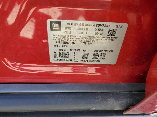 KL4CJBSB3FB271906 - 2015 BUICK ENCORE CONVENIENCE 勃艮第红 照片 12