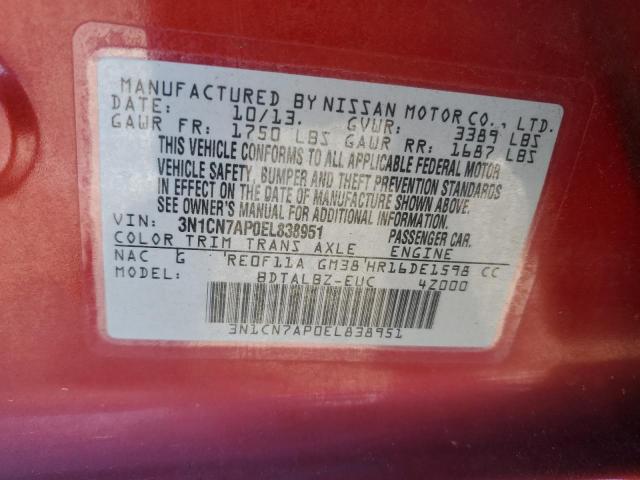 3N1CN7AP0EL838951 - 2014 NISSAN VERSA S RED photo 12