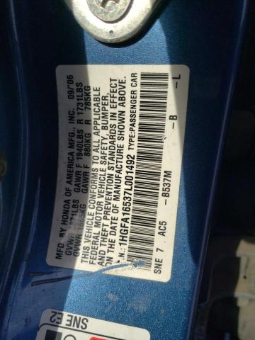 1HGFA16537L001492 - 2007 HONDA CIVIC LX BLUE photo 12