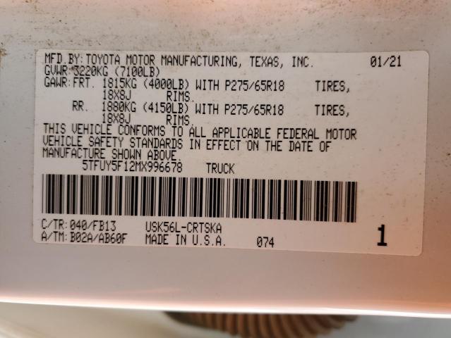 5TFUY5F12MX996678 - 2021 TOYOTA TUNDRA DOUBLE CAB SR/SR5 WHITE photo 12