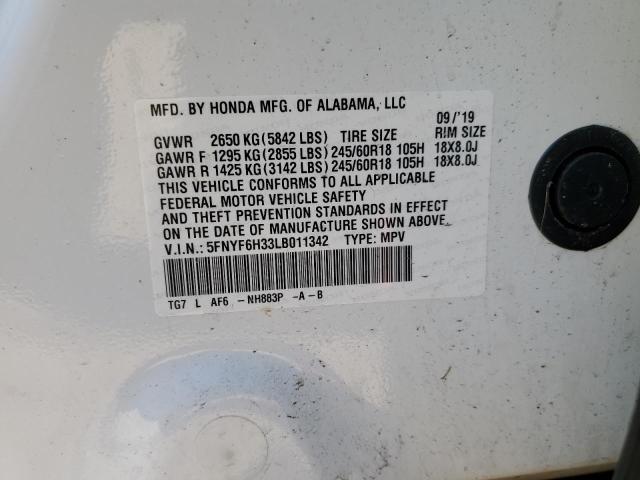 5FNYF6H33LB011342 - 2020 HONDA PILOT EX WHITE photo 13