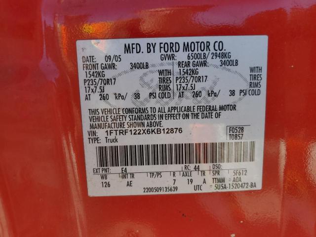 1FTRF122X6KB12876 - 2006 FORD F150 RED photo 12