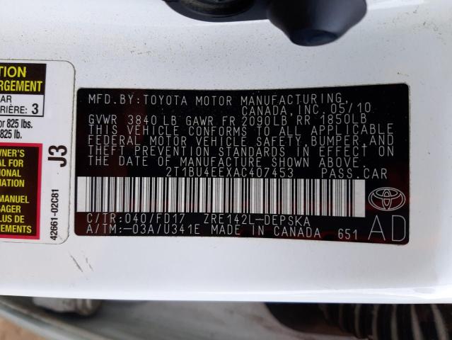 2T1BU4EEXAC407453 - 2010 TOYOTA COROLLA BASE 白色 照片 12