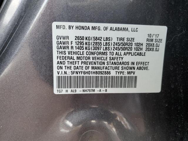 5FNYF6H01HB092886 - 2017 HONDA PILOT ELITE GRAY photo 13