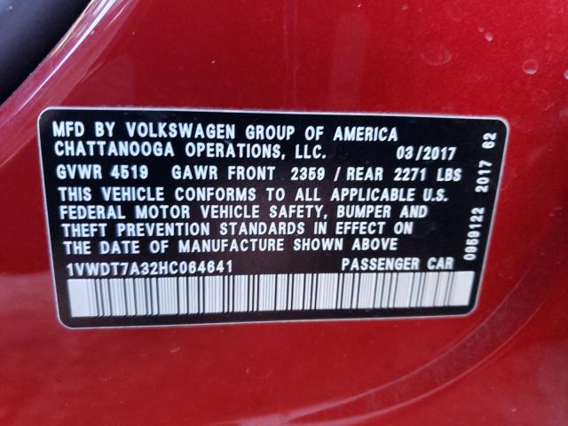 1VWDT7A32HC064641 - 2017 VOLKSWAGEN PASSAT R-LINE Qırmızı foto 12