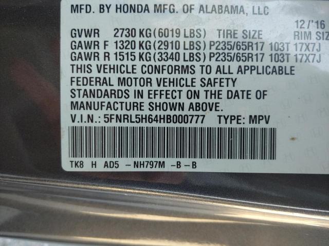 5FNRL5H64HB000777 - 2017 HONDA ODYSSEY EXL GRAY photo 10