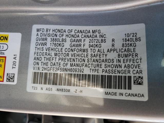 2HGFE2F59NH609392 - 2022 HONDA CIVIC SPORT 银色 照片 12