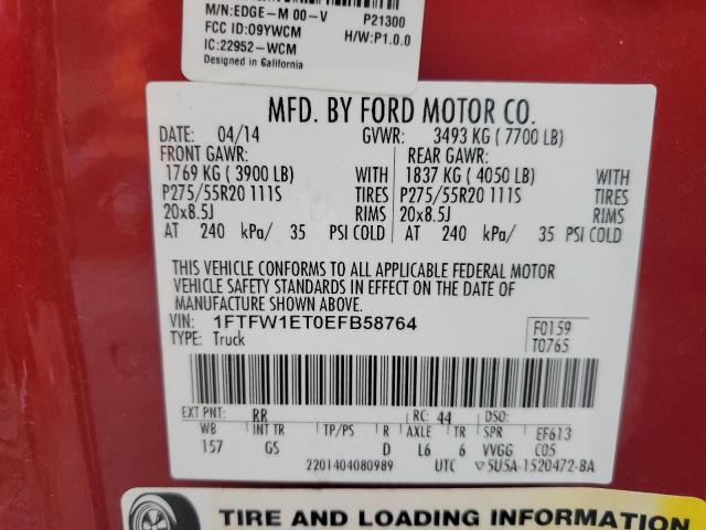 1FTFW1ET0EFB58764 - 2014 FORD F150 SUPERCREW RED photo 12