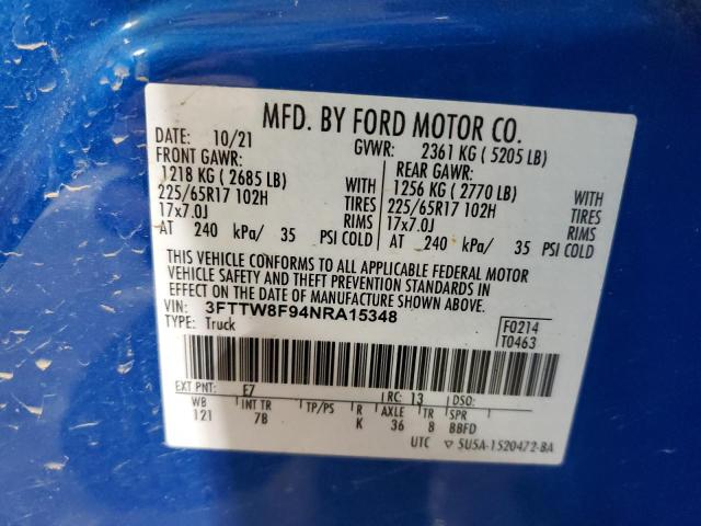 3FTTW8F94NRA15348 - 2022 FORD MAVERICK XL BLUE photo 12