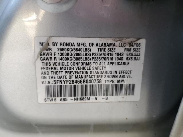 5FNYF28466B040758 - 2006 HONDA PILOT EX SILVER photo 12