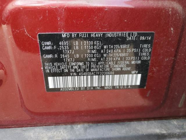 4S4BSBAC7F3230600 - 2015 SUBARU OUTBACK 2.5I RED photo 12