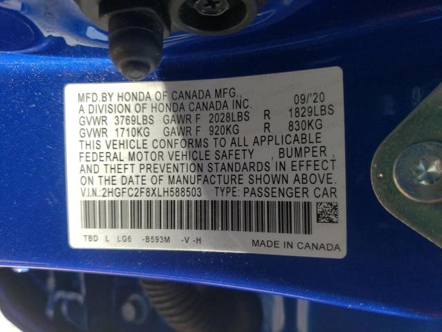 2HGFC2F8XLH588503 - 2020 HONDA CIVIC SPORT 蓝色 照片 12
