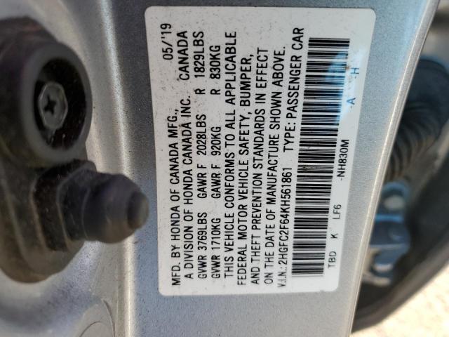 2HGFC2F64KH561861 - 2019 HONDA CIVIC LX SILVER photo 12