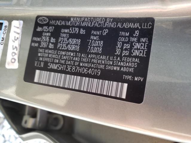 5NMSH13E87H064019 - 2007 HYUNDAI SANTA FE SE GREEN photo 10