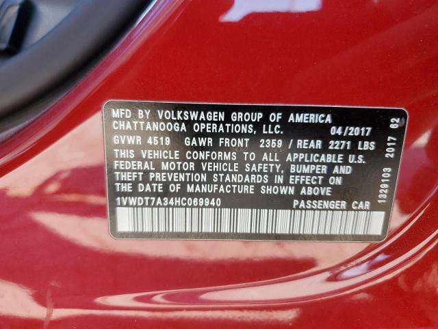 1VWDT7A34HC069940 - 2017 VOLKSWAGEN PASSAT R-LINE ბურგუნდია ფოტო 12