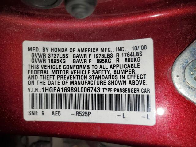 1HGFA16989L006743 - 2009 HONDA CIVIC EXL ბურგუნდია ფოტო 13