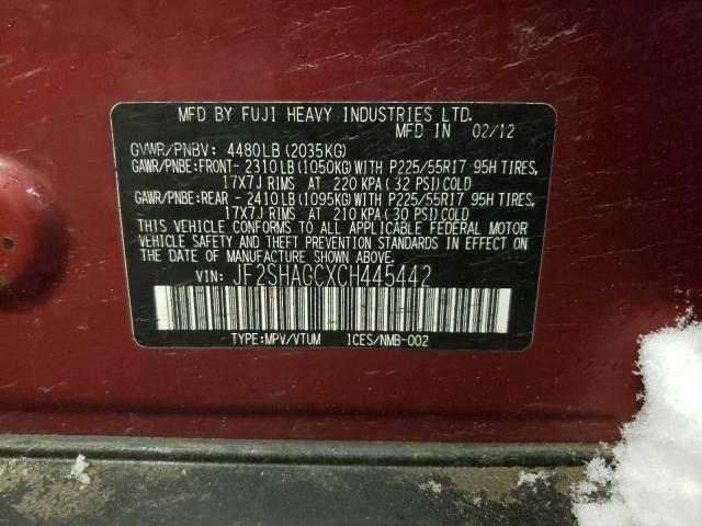 JF2SHAGCXCH445442 - 2012 SUBARU FORESTER TOURING 栗色 照片 13