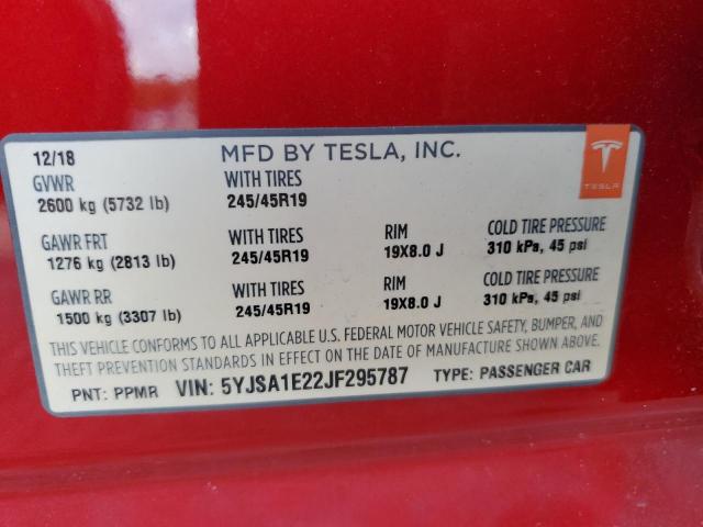 5YJSA1E22JF295787 - 2018 TESLA MODEL S RED photo 12