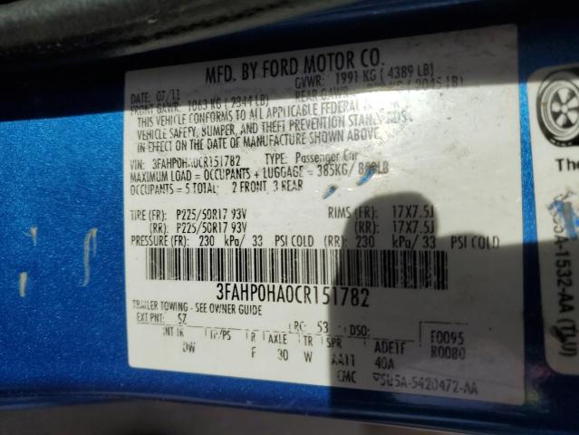 3FAHP0HA0CR151782 - 2012 FORD FUSION SE BLUE photo 12