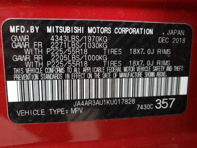 JA4AR3AU1KU017828 - 2019 MITSUBISHI OUTLANDER ES RED photo 13