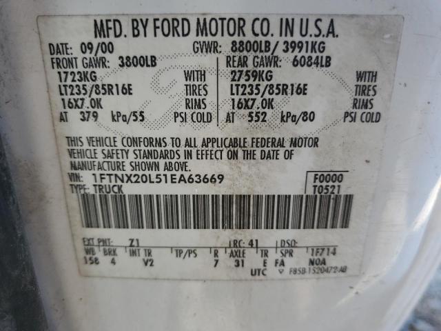 1FTNX20L51EA63669 - 2001 FORD F250 SUPER WHITE photo 12