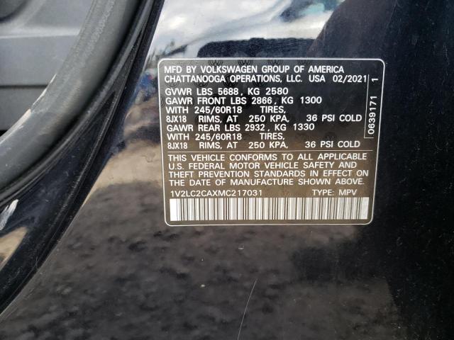 1V2LC2CAXMC217031 - 2021 VOLKSWAGEN ATLAS CROS SE შავი ფოტო 14