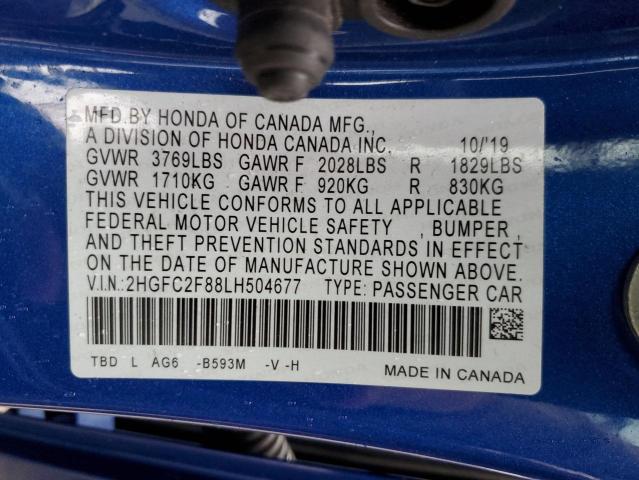 2HGFC2F88LH504677 - 2020 HONDA CIVIC SPORT 蓝色 照片 12