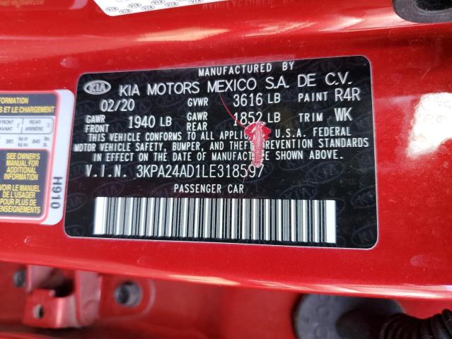 3KPA24AD1LE318597 - 2020 KIA RIO LX RED photo 13