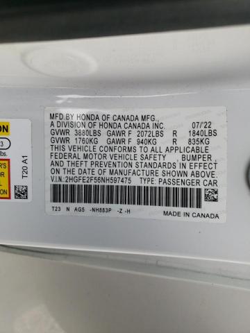 2HGFE2F56NH597475 - 2022 HONDA CIVIC SPORT 白色 照片 12