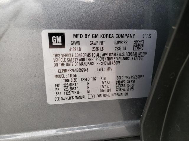 KL79MPS26NB092548 - 2022 CHEVROLET TRAILBLAZE LT GRAY photo 12