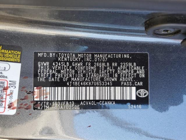 4T1BE46K87U653345 - 2007 TOYOTA CAMRY CE CHARCOAL photo 12