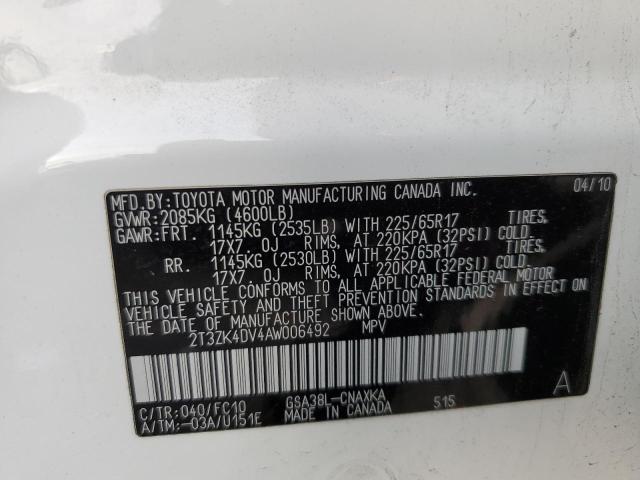 2T3ZK4DV4AW006492 - 2010 TOYOTA RAV4 WHITE photo 13