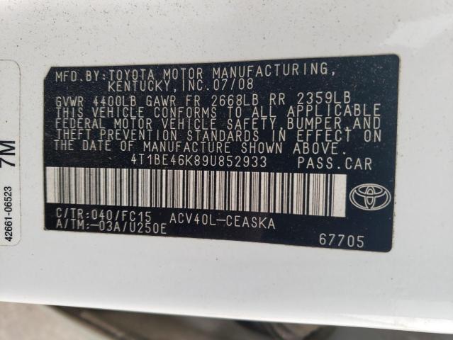 4T1BE46K89U852933 - 2009 TOYOTA CAMRY BASE WHITE photo 12